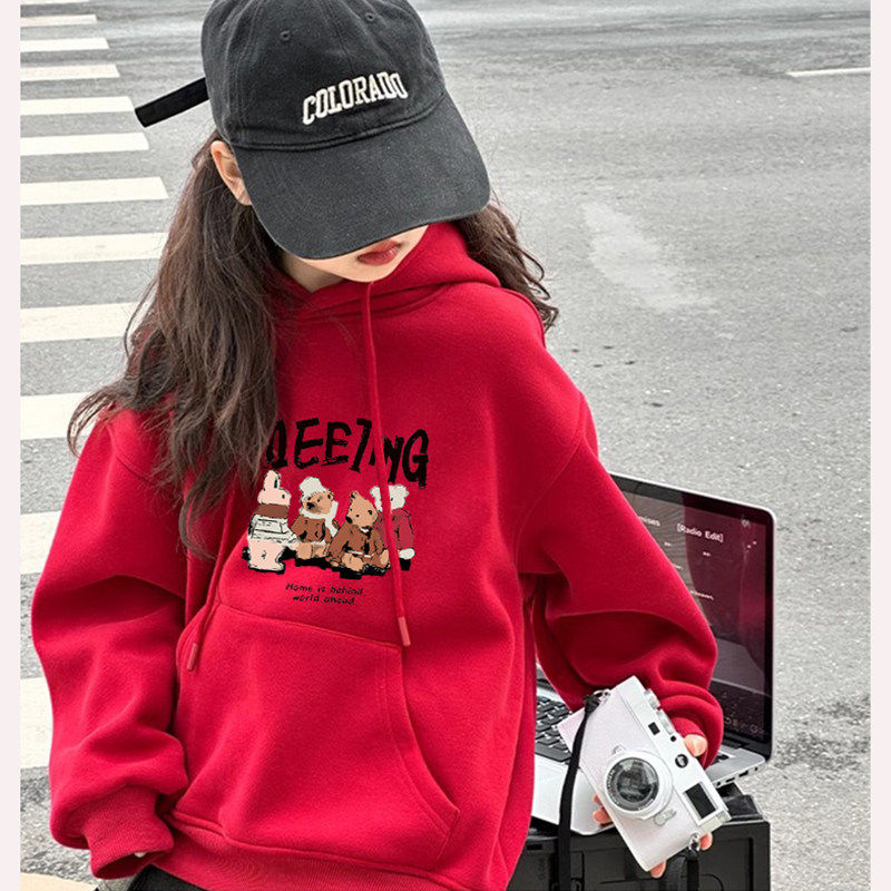 女童红色卫衣2025春秋新款儿童本命年衣服小女孩小熊连帽拜年服潮