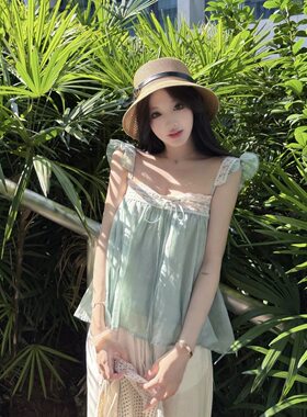 ZY624mm68蓝绿色小飞袖蕾丝吊带背心女夏宽松显瘦设计感上衣外穿