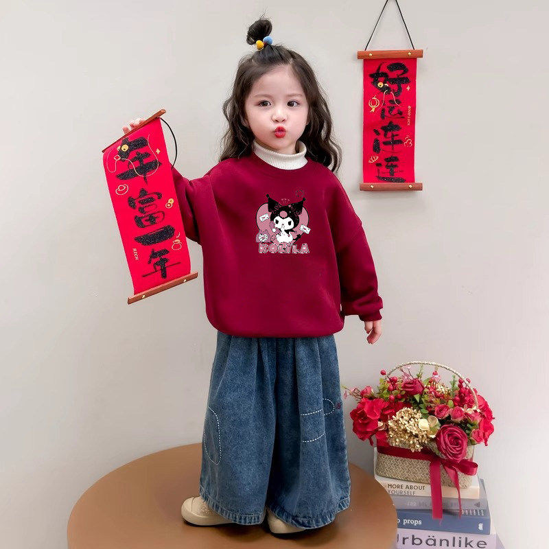 女童红色卫衣秋冬拜年服儿童本命年库洛米衣服小女孩新年加绒上衣