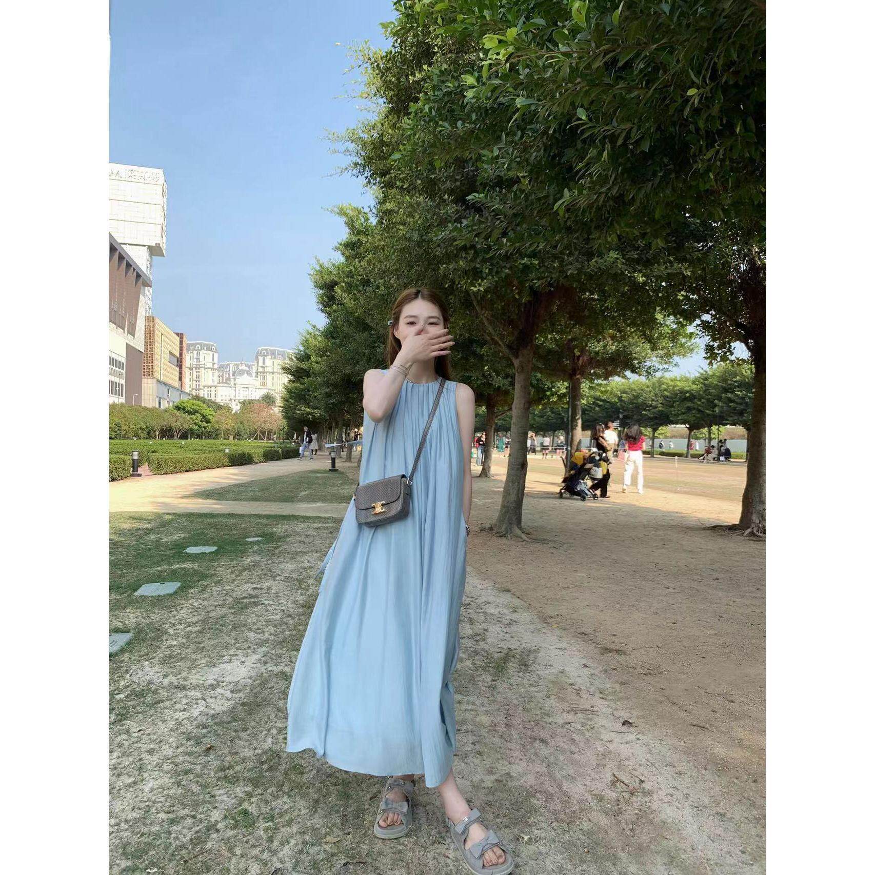 ZY527新款海边度假露背直筒连衣裙女装夏旅游吊带沙滩长款裙子