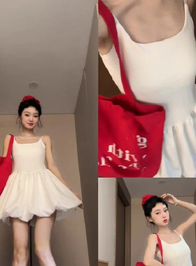 法式芭蕾风白色吊带连衣裙子女夏季2025新款小个子掐腰花苞蓬蓬裙