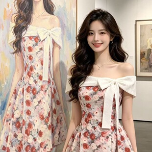 ZY77mm628一字领露肩蝴蝶结碎花连衣裙女夏新收腰显瘦气质短裙