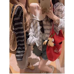 胖mm韩系黑色条纹连帽长袖 宽松显瘦防晒衫 开衫 薄款 T恤女夏季 大码