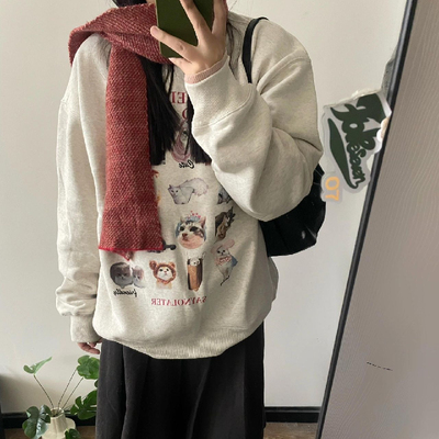 2025新款潮流上衣复合薄款圆领加绒手感印花宽松圆领卫衣女