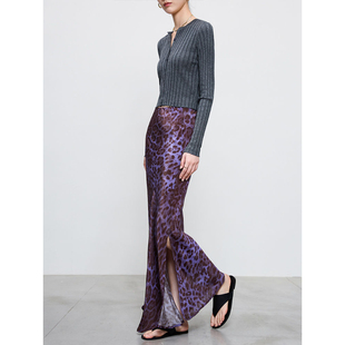 2025长裙简约质感豹纹印花高腰侧开叉复古高级感飘逸半身裙长款