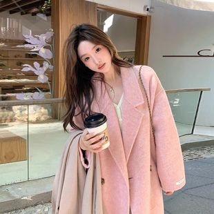 2025新款韩版秋冬装双面呢大衣毛呢女中长款粉色双面呢大衣女外套
