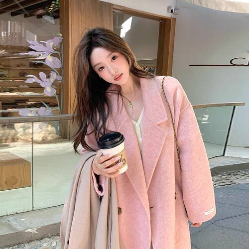 2025新款韩版秋冬装双面呢大衣毛呢女中长款粉色双面呢大衣女外套