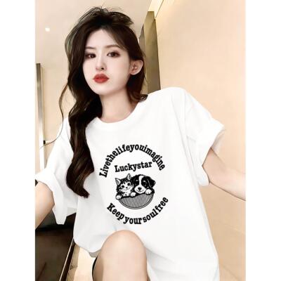 CC极简纯棉白色短袖t恤女2026夏季新款宽松大码半袖上衣体恤小衫