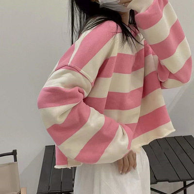新款短款条纹卫衣女长袖秋季新品蝙蝠袖上衣韩国风小众设计