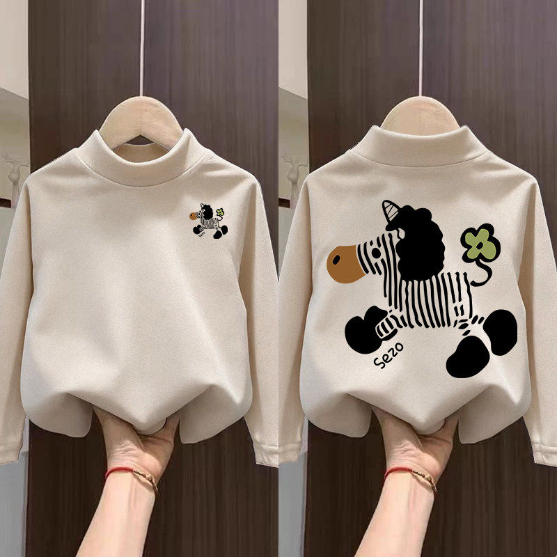 卡通斑马半高领打底衫男女童德绒加厚保暖百搭ins中小儿童上衣服