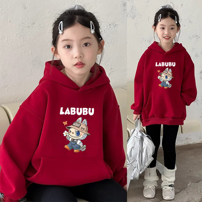 女童拉布布连帽卫衣2026秋冬新款儿童加绒上衣小女孩红色拜年服潮