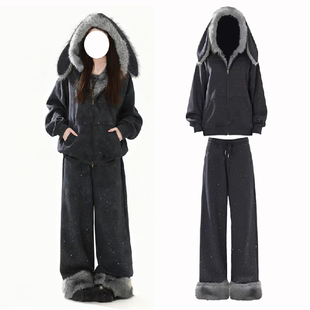 2026新款潮流女装上衣裤子做工免耳朵连帽拉链卫衣套装女冬