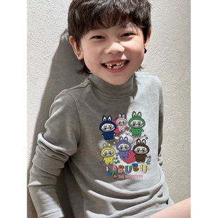 儿童半高领德绒贴身麻灰色打底衫男童秋冬款加绒保暖拉布布上衣服