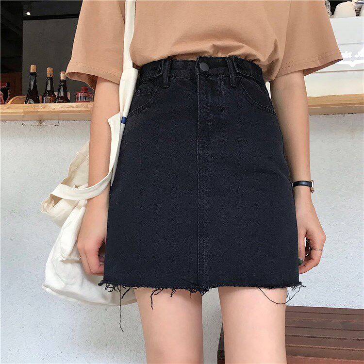 2019新款女夏黑色韩版高腰毛边牛仔半身裙修身百搭A字包臀短裙子|ruв категории Женская одежда, юбка - от Buy2taobao.com для оказания профессиональной услуги покупки агента Taobao