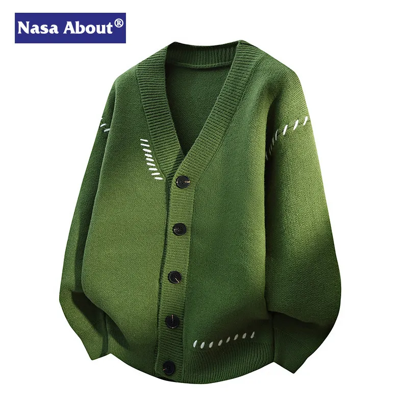 NASA日系复古V领开衫毛衣春秋冬季新款潮流宽松休闲男士V领针织衫