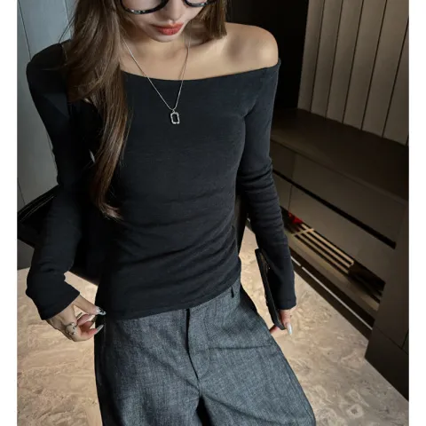 纯打底衫上衣性感女早秋严选长袖新款设计感斜肩欲漏锁骨2025t恤