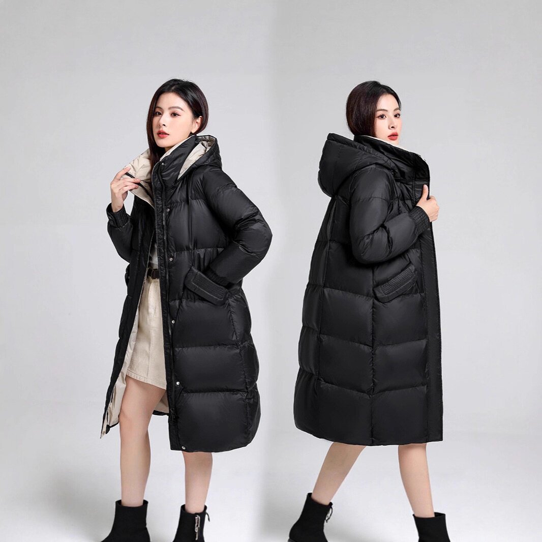 2025冬季新款中长款女士连帽收腰加厚羽绒棉服时尚修身保暖外套