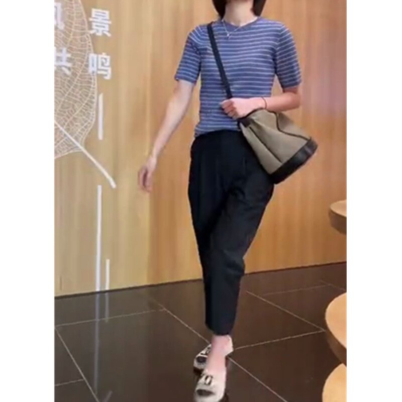 发9208大爱美依缘2025夏季新款韩版圆领短袖条纹打底黑色休闲裤女
