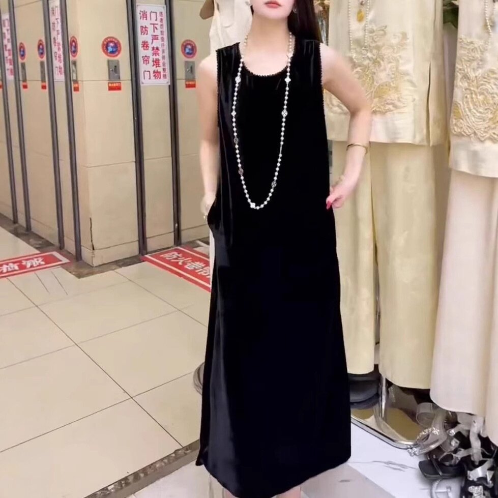 5525129大爱美依缘2025夏季新无袖宽松长款连衣裙后背蝴蝶结女裙