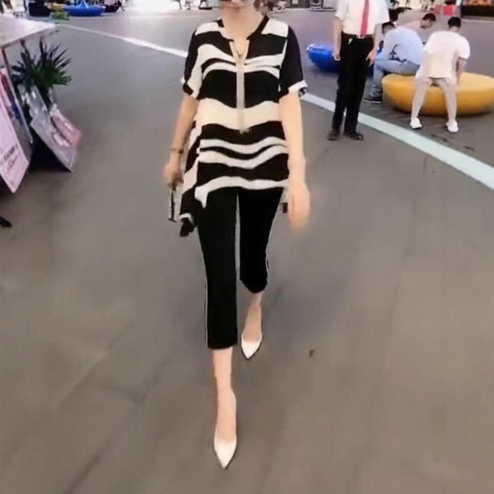 0010大爱美依缘2026夏季新款时尚V领雪纺短袖上衣七分打底裤女装