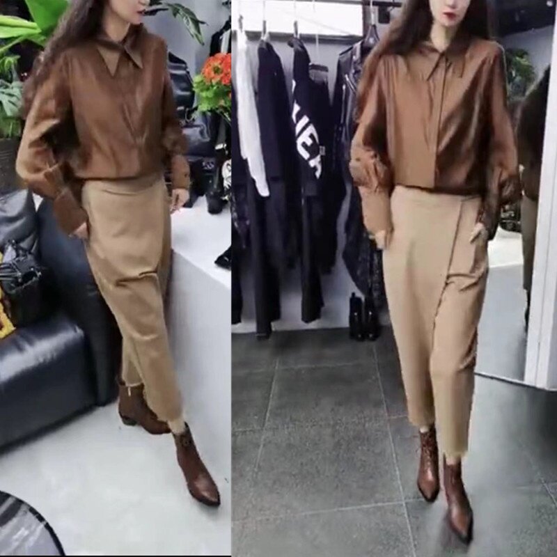 9912大爱美依缘2025秋季新款咖色翻领长袖衬衫时尚前斜襟长裤女装
