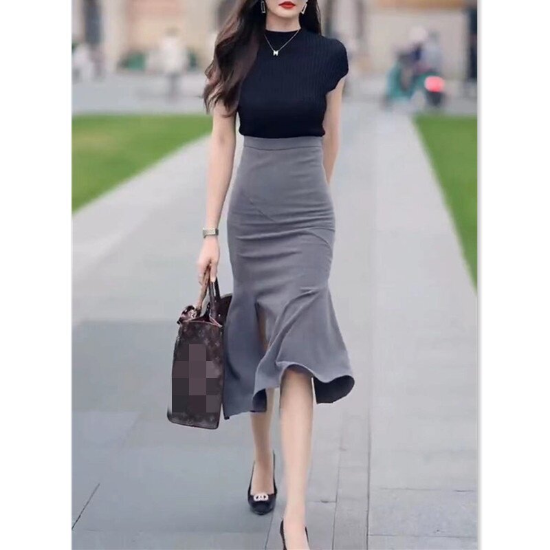 88522大爱美依缘2025夏季新款纯色修身上衣荷叶边开叉鱼尾半裙女