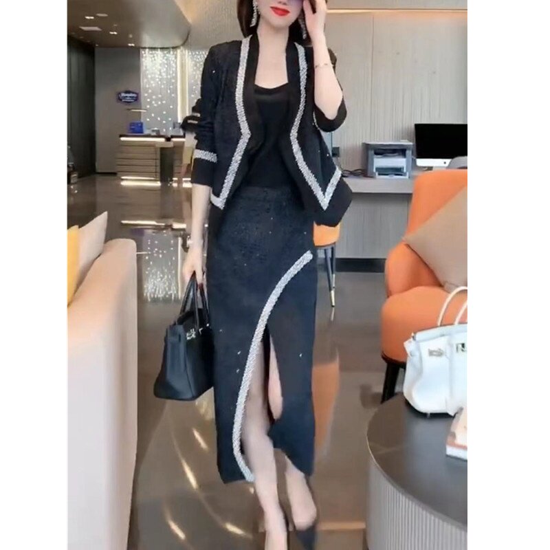 9819大爱美依缘2025早春新款穿珠外套高腰前开叉半身裙两件套女装