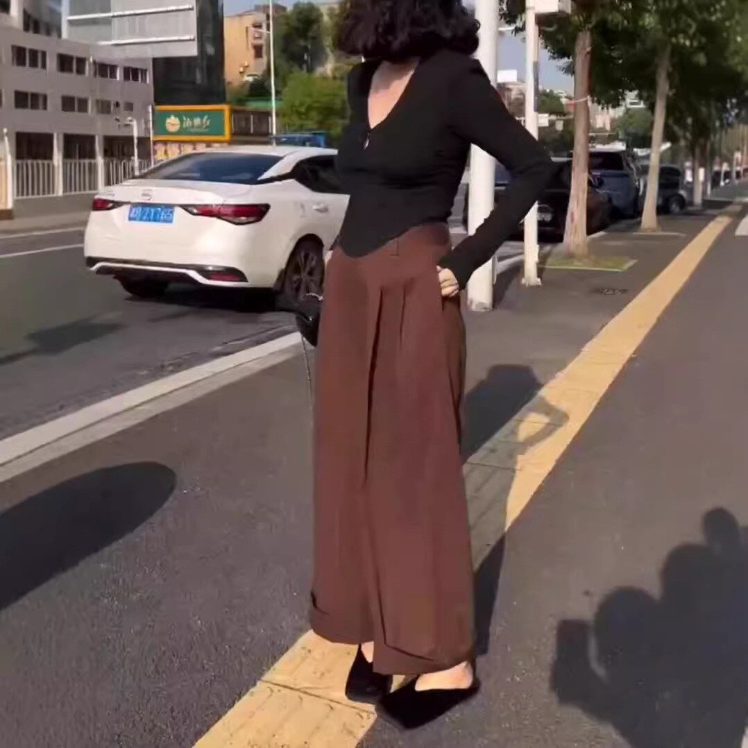24837大爱美依缘2026秋季新款时尚长袖修身上衣高腰宽松阔腿裤女