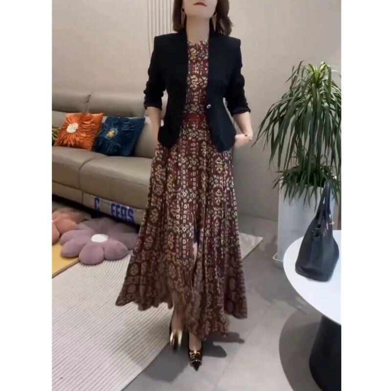 23198大爱美依缘2025春夏新款韩版无袖长款连衣裙长袖西服外套女