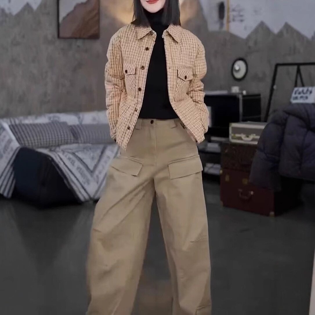 241109大爱美依缘2026新款格纹翻领棉服外套修身打底高腰工装裤女