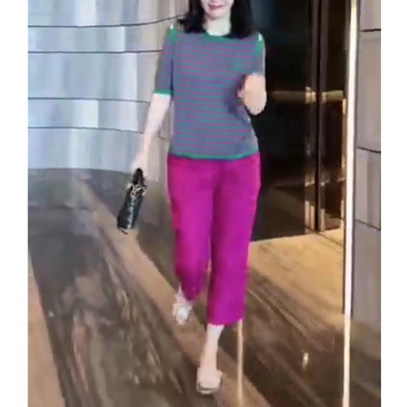 23535大爱美依缘2025夏季新款韩版彩色条纹漏肩T恤休闲裤时尚减龄