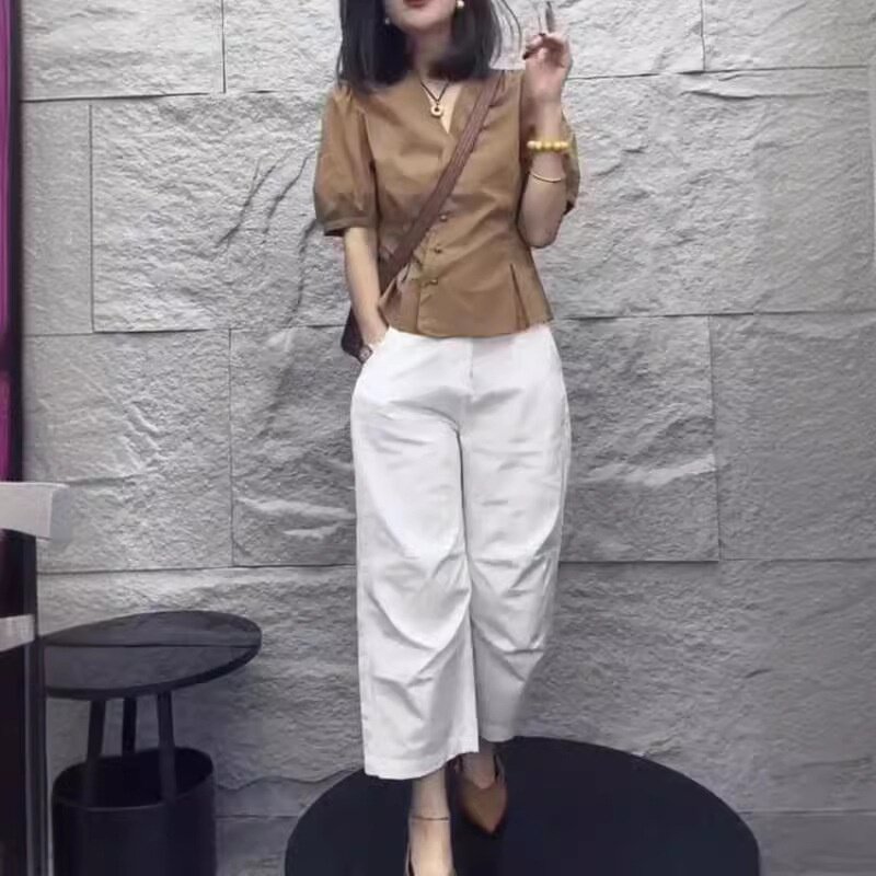 24213大爱美依缘2025夏季新款轻熟设计感褶皱衬衫休闲哈伦裤女装