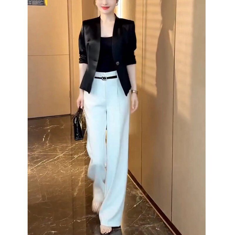 24121大爱美依缘2025春夏新款时尚OL西服干练外套高腰直筒裤女装