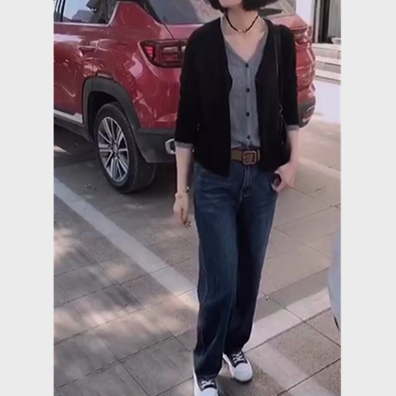 发595大爱美依缘2025假两件上衣黑色针织开衫外套新款休闲女