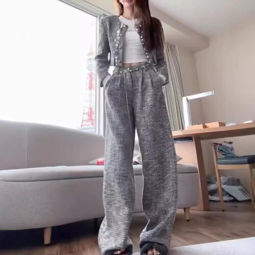 24883大爱美依缘2025新款高级感重工长袖外套高腰阔腿裤两件套女