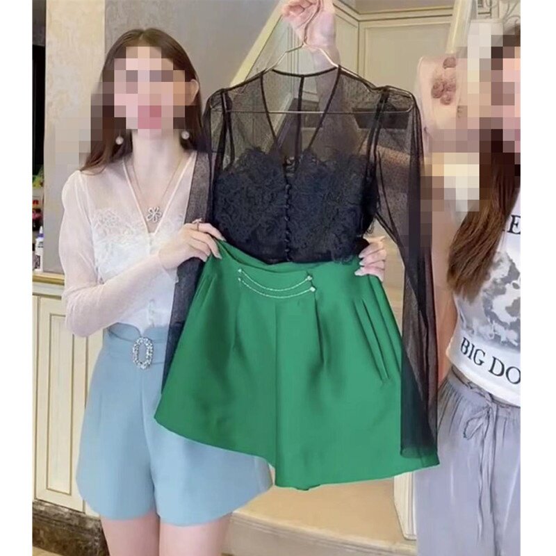 9715大爱美依缘2025夏季新款蕾丝V领长袖防晒上衣绿色短裤时尚女