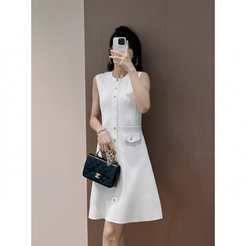 7645法式优雅小香风冰丝针织连衣裙女夏季新款修身显瘦通勤a字裙