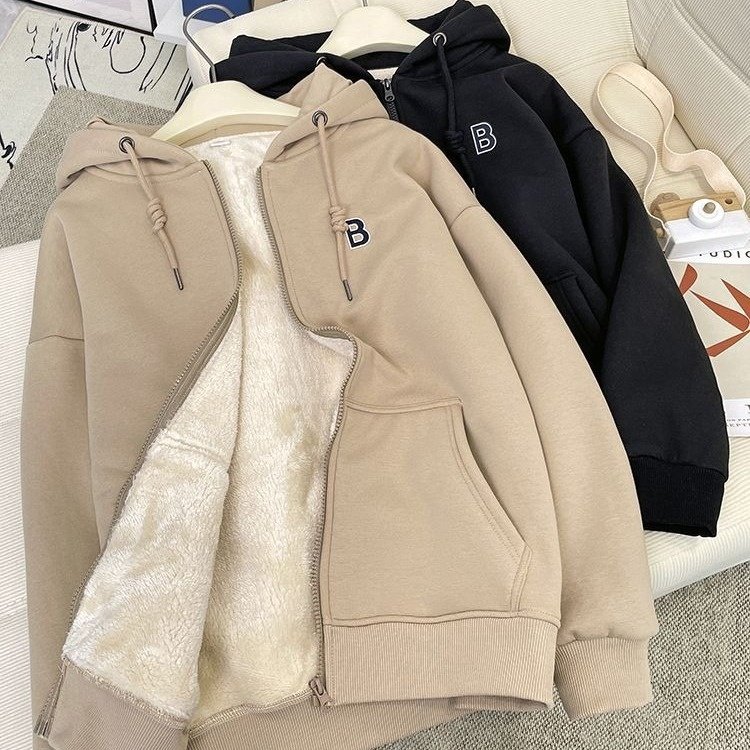 加绒加厚连帽北极绒卫衣女秋冬新款女士宽松保暖长袖开衫拉链外套