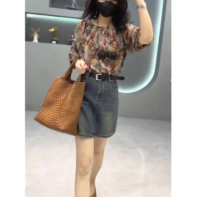 23336大爱美依缘2025夏季新款韩版中袖碎花上衣时尚牛仔半身裙女