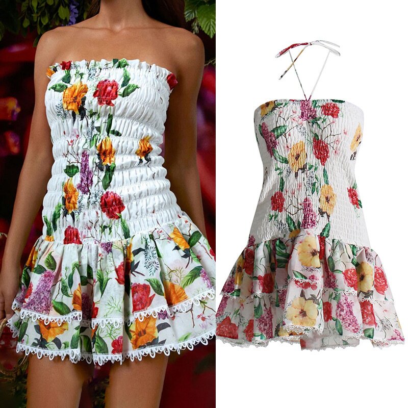 海边度假风2025秋冬新款抹胸系带挂脖设计短款修身高弹短款连衣裙