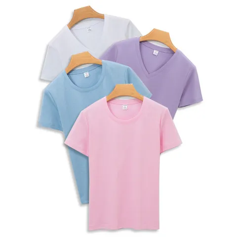 丝光棉圆领t恤高端120液氨V夏领纯色女支套头女短袖长绒棉双面