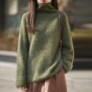 拉绒高领毛衣女秋冬新款山羊绒衫卷边厚款打底衫宽松显瘦女装上衣