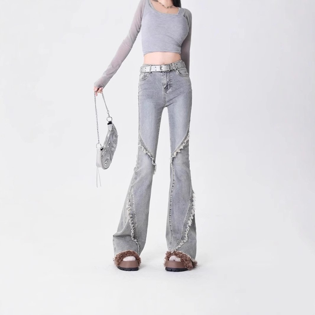 灰色高腰微喇牛仔裤女修身显瘦拖地喇叭马蹄直筒微喇裤女裤子女款