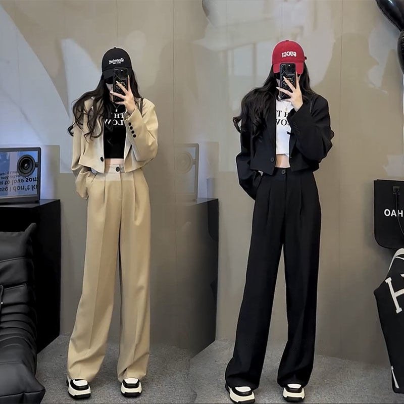 韩版女2023秋季新款小个子套装两件套短款西装外套休闲百搭直筒裤