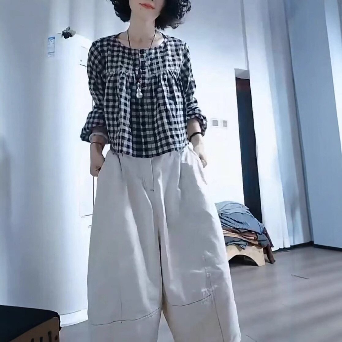 25585大爱美依缘2025新款韩版格纹减龄文艺宽松娃娃衫宽松显瘦女