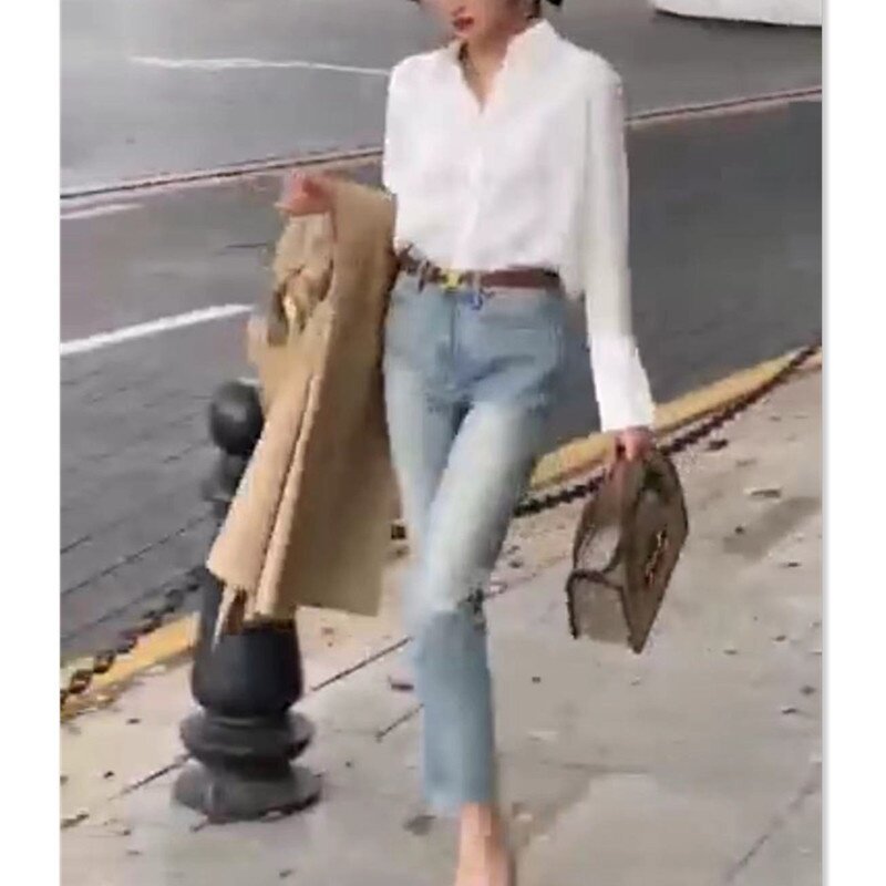 88257大爱美依缘2025新款白色长袖衬衫水洗蓝色牛仔裤修身显瘦女