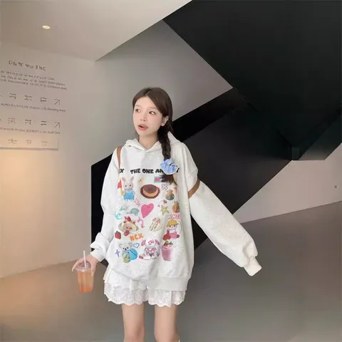 女卫衣新款套头2024设计感连帽秋季宽松卡通长袖上衣可爱印花韩版