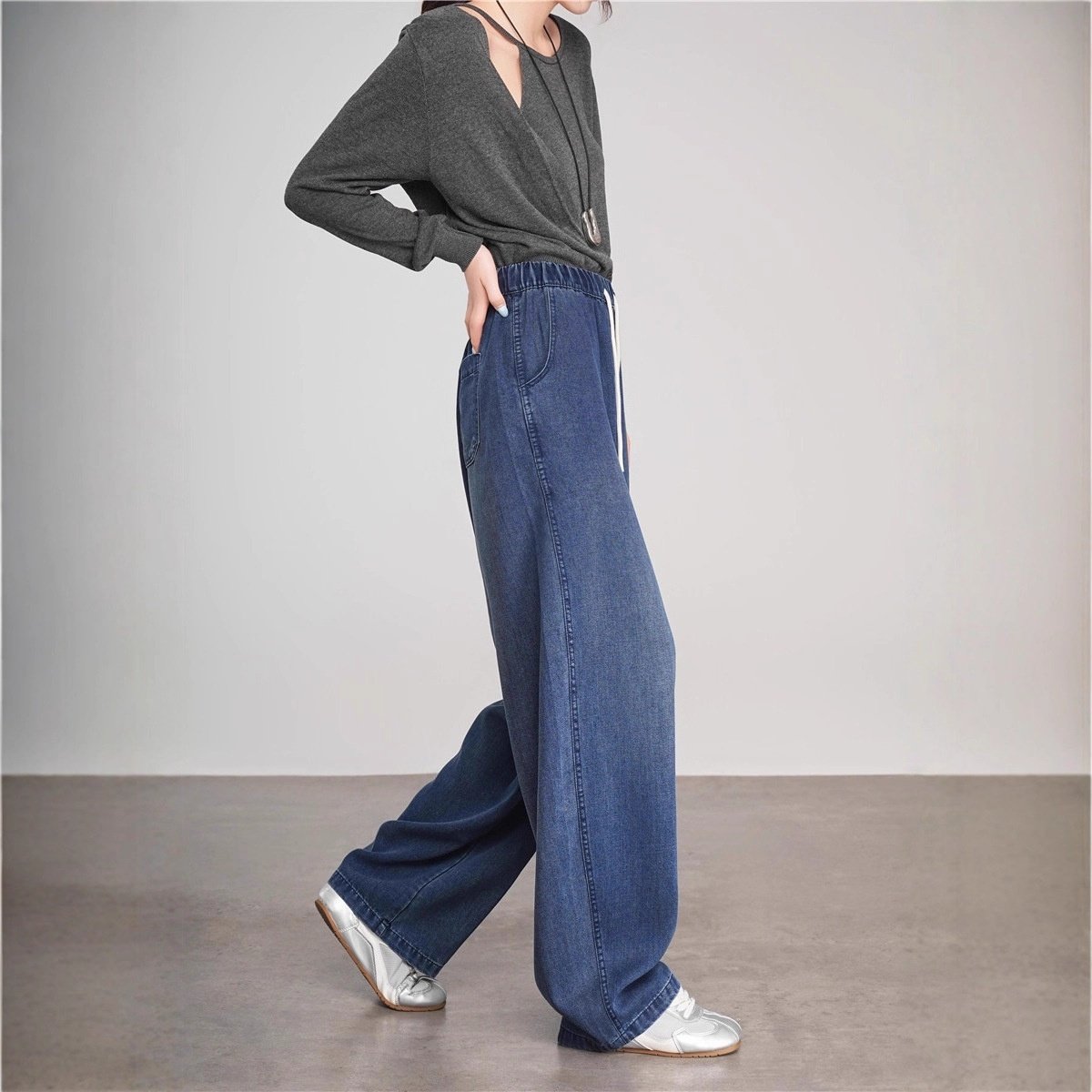 （天丝阔腿牛仔裤）秋季新款复古垂感显瘦百搭系带牛仔裤豆荚裤,女装/女士精品,休闲裤,淘宝优惠券,粉丝福利购,淘宝优惠卷