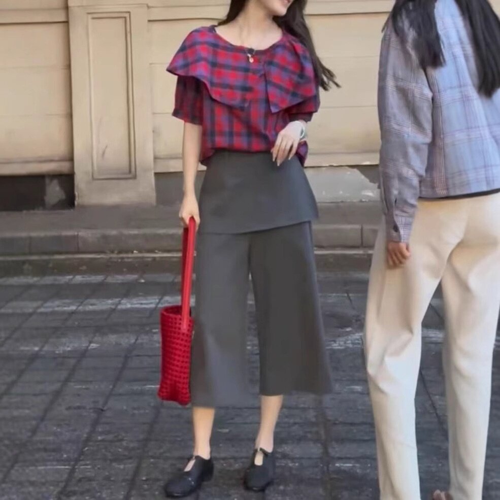 25289大爱美依缘2025夏季新款荷叶边减龄格子上衣洋气屁帘裤子女