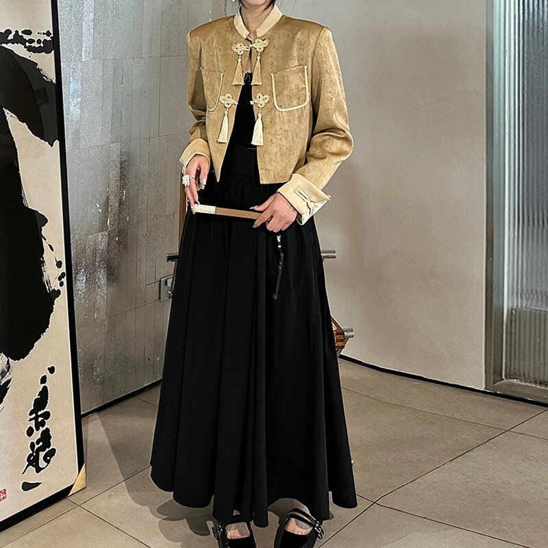 大码女装新中式国风盘口外套女胖mm春季新款吊带连衣裙套装AA2505